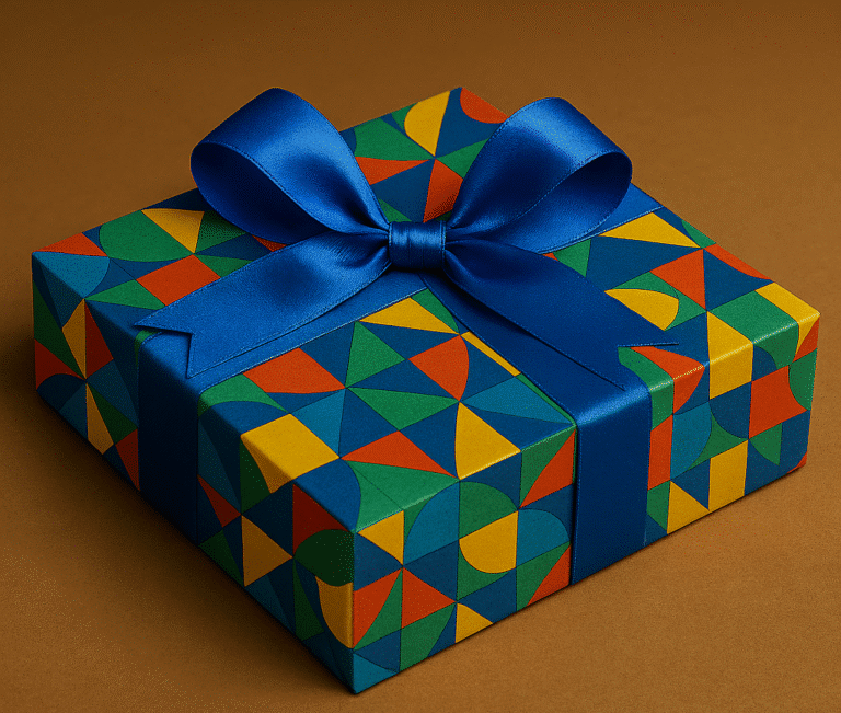 Brightly covered gift box containing the Company Culture Game with a blue bow.