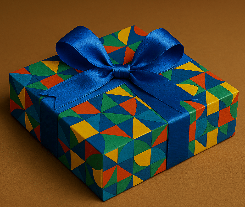 Brightly covered gift box containing the Company Culture Game with a blue bow.