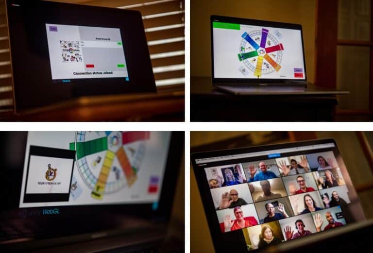 Four pictures of a computer monitor with different views of the digital Company Culture Board Game and one photo of a smiling group of 15 participants.